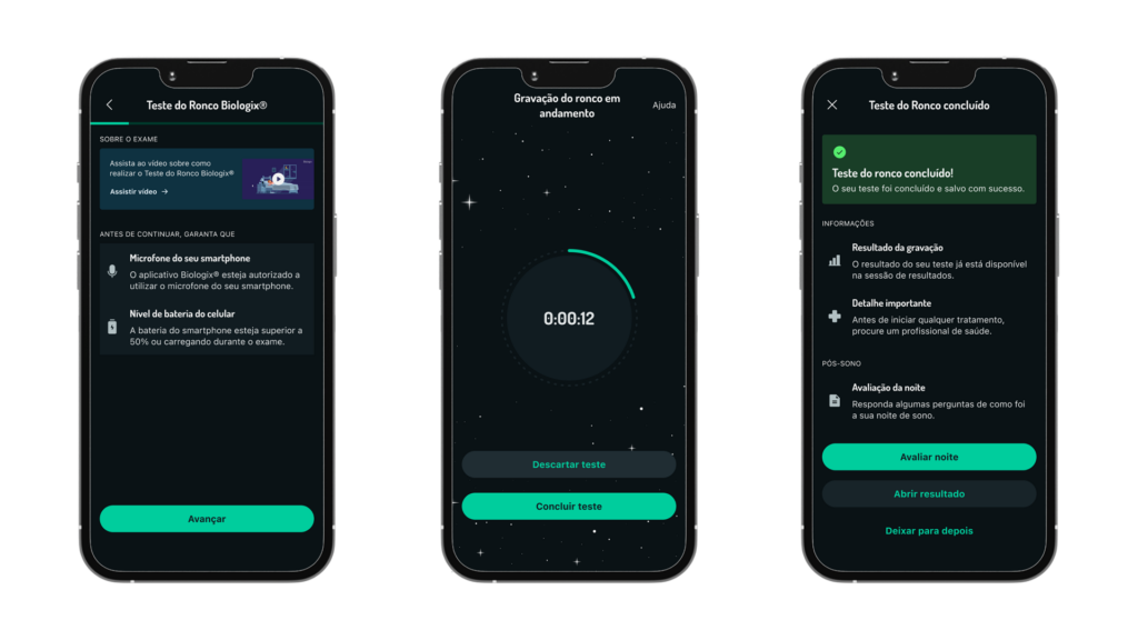 Três smartphones apresentando as fases do Teste do Ronco Biologix